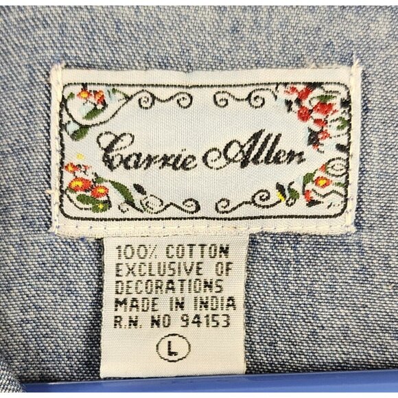 Carrie Allen Shirt Womens Large Blue Denim Floral Embroidered Casual Button Up - Picture 3 of 10